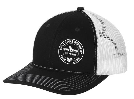 CHEVRON 75 YEAR Port Authority® Snapback Ponytail Trucker Cap - BLACK/WHITE