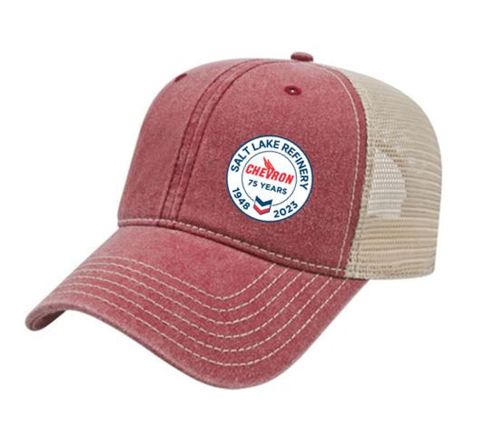 CHEVRON 75 YEAR Washed Pigment Dyed with Washed Trucker Mesh Cap - MAROON/STONE